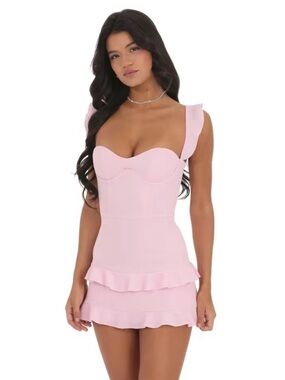 Lucy in the Sky Ruffle Corset Dress in Pink Ruffle Hem Mini Dress made in LA